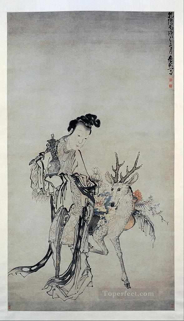 鹿の入った花瓶を持つ馬姑 1766 年 黄神 繁体字中国語油絵